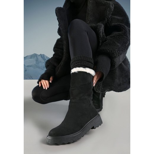 Czarne Botki z Ekozamszu na Płaskiej Podeszwie i Ozdobnym Futerkiem Hennie ze sklepu born2be.pl w kategorii Botki - zdjęcie 176561501