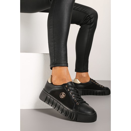 Czarno-Złote Sznurowane Sneakersy Vices na Platformie z Tłoczeniem i Metaliczną Aplikacją Lavfedi ze sklepu renee.pl w kategorii Buty sportowe damskie - zdjęcie 176563441
