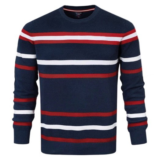 Sweter z Dzianiny Bawełnianej - w Paski - Pako Jeans - Granatowy SWPJNStopicGR ze sklepu JegoSzafa.pl w kategorii Swetry męskie - zdjęcie 176568781