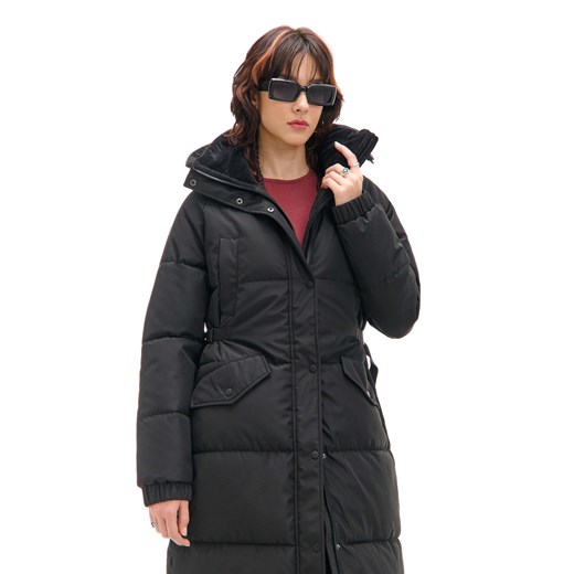 Cropp - Czarny pikowany płaszcz z kapturem - czarny Cropp L Cropp