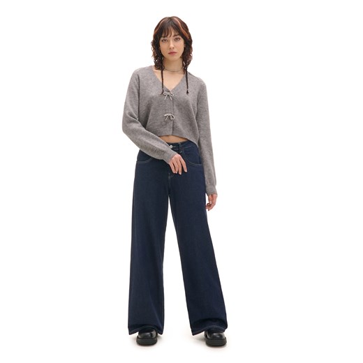 Cropp - Szary sweter z ozdobnymi kokardami - szary Cropp S Cropp