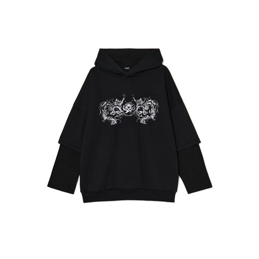 Cropp - Bluza hoodie z podwójnym rękawem UNISEX - czarny Cropp S Cropp