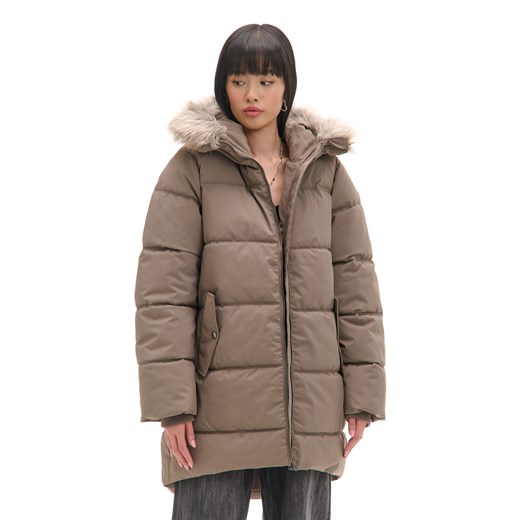 Cropp - Zimowy pikowany płaszcz z kapturem - brązowy Cropp XL Cropp