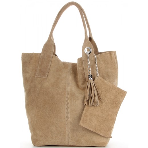 Włoska Torebka Skórzana  Shopper bag Zamsz Naturalny Ciemno Beżowa ze sklepu PaniTorbalska w kategorii Torby Shopper bag - zdjęcie 176585382