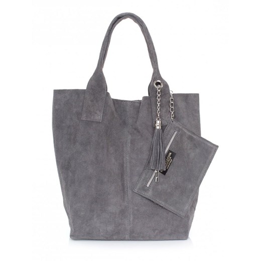 Włoska Torebka Skórzana  Shopper bag Zamsz Naturalny Szara ze sklepu PaniTorbalska w kategorii Torby Shopper bag - zdjęcie 176585404