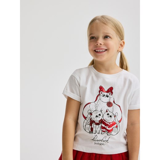 Reserved - Świąteczny t-shirt z aplikacją - złamana biel ze sklepu Reserved w kategorii Bluzki dziewczęce - zdjęcie 176598834