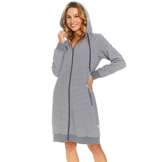Doctor Nap szlafrok damski z kapturem w paseczki SMZ.5246, Kolor szary-wzór, Rozmiar S, Doctor Nap ze sklepu Intymna w kategorii Szlafroki damskie - zdjęcie 176602754