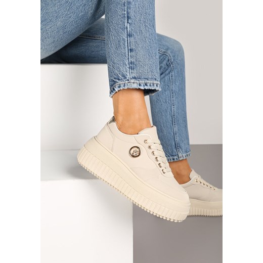 Beżowe Sneakersy Vices na Platformie z Tłoczeniem Ozdobione Metaliczną Aplikacją Eriri ze sklepu renee.pl w kategorii Buty sportowe damskie - zdjęcie 177447433