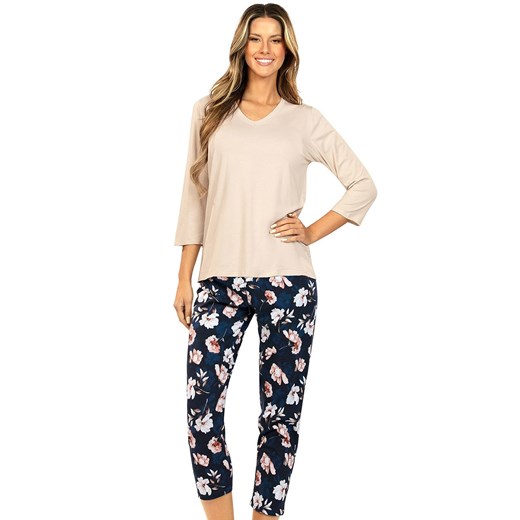 Bawełniana piżama damska 025, Kolor beżowo-granatowy, Rozmiar S, Wies-MANN ze sklepu Intymna w kategorii Piżamy damskie - zdjęcie 177448440