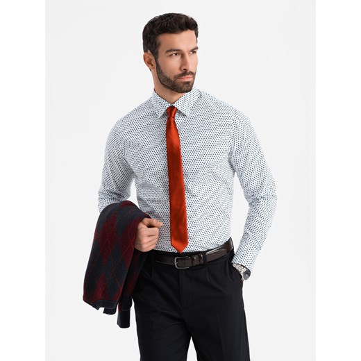 Męska koszula w drobny wzór SLIM FIT - biała V2 OM-SHCS-0140 ze sklepu ombre w kategorii Koszule męskie - zdjęcie 177558521