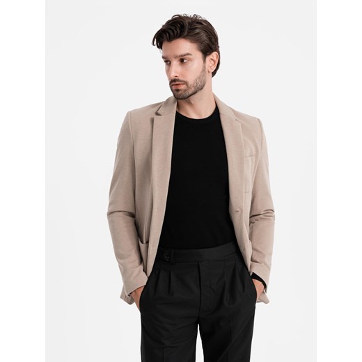 Elegancka dopasowana męska marynarka ze strukturalnej dzianiny – beżowa V2 OM-BLZB-0129 ze sklepu ombre w kategorii Marynarki męskie - zdjęcie 177558893