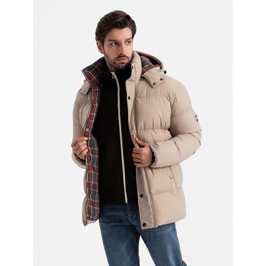 Męska kurtka puffer z podszewką w kratę – beżowa V2 OM-JAHP-0205 ze sklepu ombre w kategorii Kurtki męskie - zdjęcie 177558941