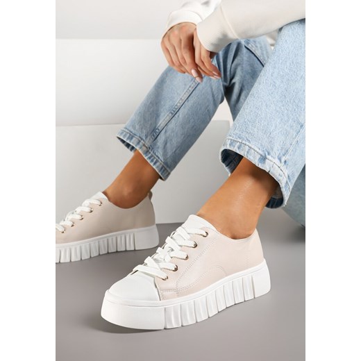 Beżowe Płaskie Sneakersy Vices ze Sznurowaniem Lorori ze sklepu renee.pl w kategorii Buty sportowe damskie - zdjęcie 177562904