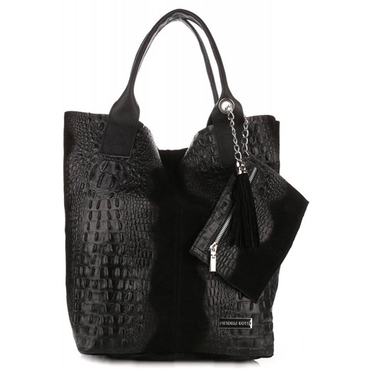 Torebki Skórzane VITTORIA GOTTI Made in Italy Shopper bag Aligator Czarna ze sklepu PaniTorbalska w kategorii Torby Shopper bag - zdjęcie 177562982