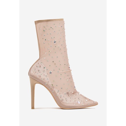 Beżowe Przezroczyste Botki na Szpilce Ozdobione Cyrkoniami Feliveth 39 born2be.pl