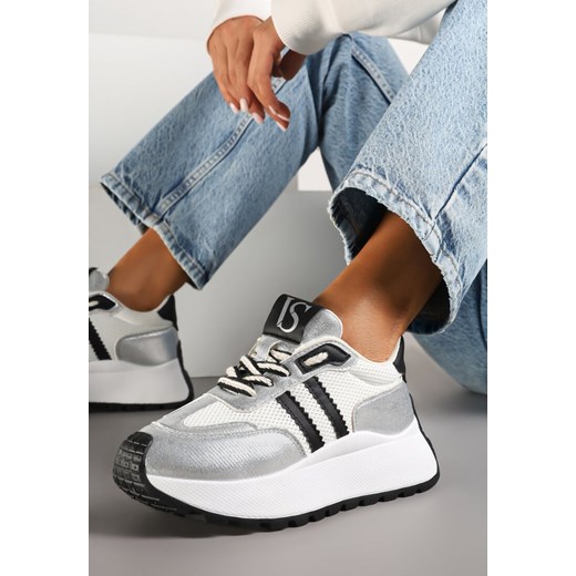 Biało-Srebrne Sznurowane Sneakersy Vices na Grubej Podeszwie z Metaliczną Wstawką Nelenia ze sklepu born2be.pl w kategorii Buty sportowe damskie - zdjęcie 177572614