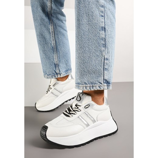 Białe Sznurowane Sneakersy Vices na Grubej Podeszwie z Metaliczną Wstawką Nelenia ze sklepu born2be.pl w kategorii Buty sportowe damskie - zdjęcie 177572621