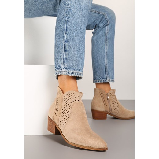 Beżowe Ażurowe Botki Vices na Obcasie w Stylu Kowbojek Selrith ze sklepu born2be.pl w kategorii Botki - zdjęcie 177572740
