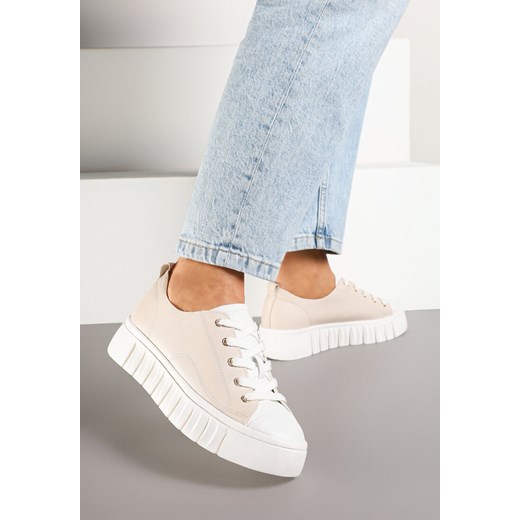 Beżowe Sznurowane Sneakersy Vices na Płaskiej Podeszwie Firori ze sklepu born2be.pl w kategorii Buty sportowe damskie - zdjęcie 177572812