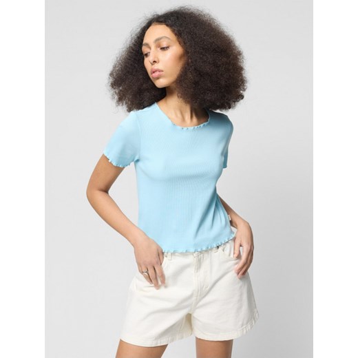 Damski t-shirt crop-top Outhorn OTHWSS24TTSHF1487 - niebieski ze sklepu Sportstylestory.com w kategorii Bluzki damskie - zdjęcie 177576330