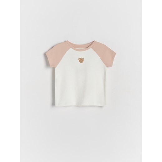 Reserved - Bawełniany T-shirt z haftem - pastelowy róż ze sklepu Reserved w kategorii Bluzki dziewczęce - zdjęcie 177585882