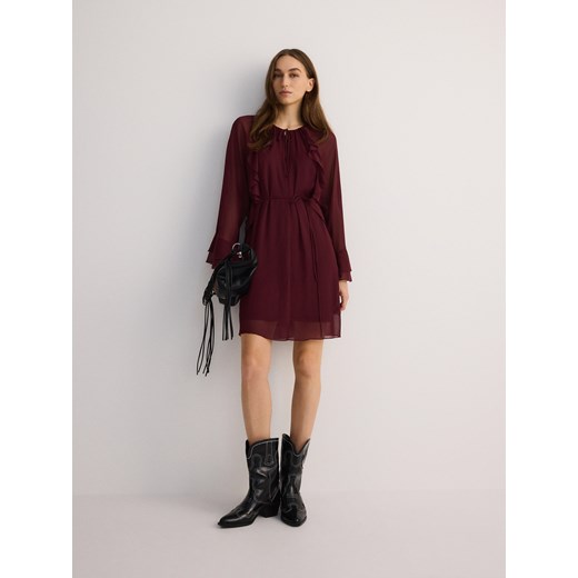 Reserved - Sukienka mini z falbanką - mahoniowy Reserved L Reserved