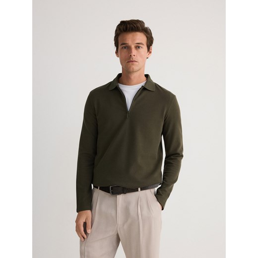 Reserved - Longsleeve polo regular - ciemnozielony Reserved S promocyjna cena Reserved