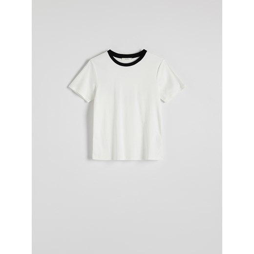 Reserved - T-shirt z kontrastową lamówką - biały Reserved L Reserved