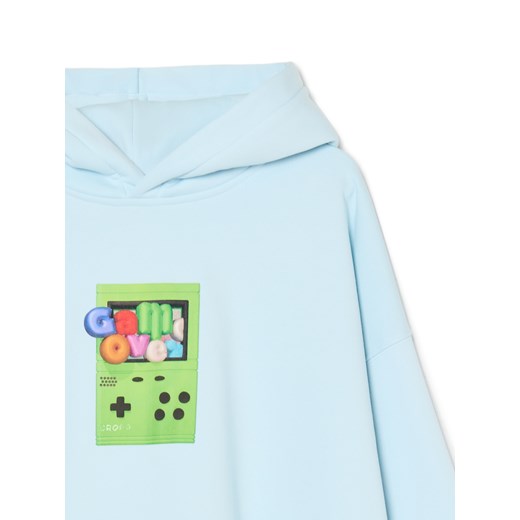 Cropp - Błękitna bluza z kapturem i nadrukiem - błękitny Cropp M Cropp