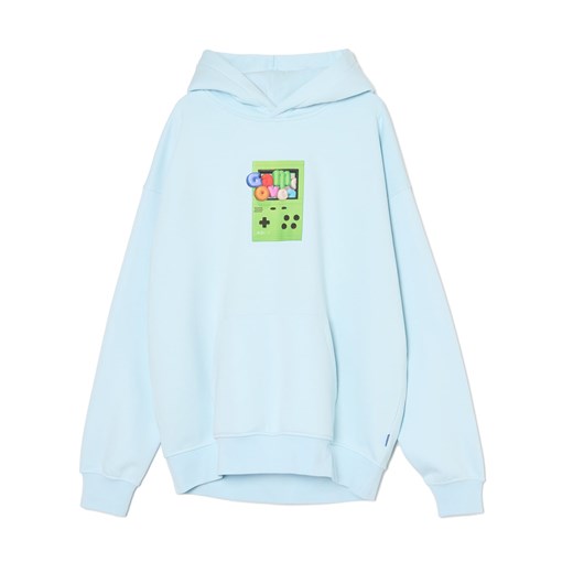Cropp - Błękitna bluza z kapturem i nadrukiem - błękitny Cropp S Cropp