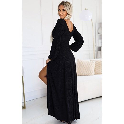 Połyskująca długa suknia z dekoltem i długim rękawkiem czarna 572-2 Nela, Kolor czarny, Rozmiar L, Numoco ze sklepu Intymna w kategorii Sukienki - zdjęcie 177646110