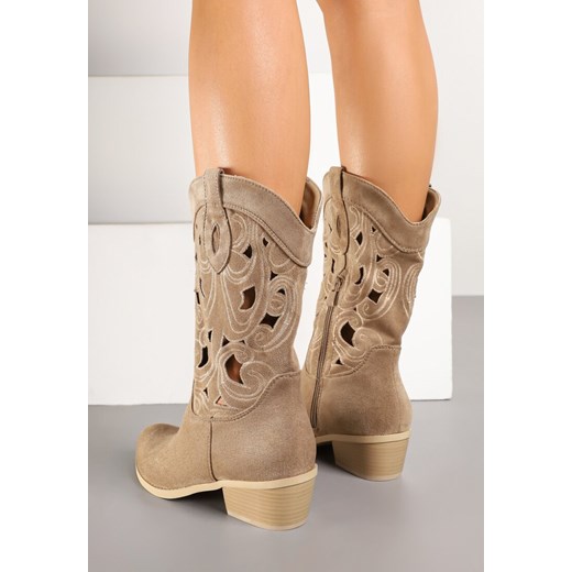 Ciemnobeżowe Botki Typu Kowbojki z Cholewką Zdobioną Ażurowymi Wycięciami Renee 41 renee.pl