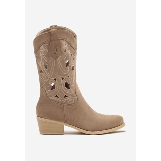 Ciemnobeżowe Botki Typu Kowbojki z Cholewką Zdobioną Ażurowymi Wycięciami Renee 38 renee.pl