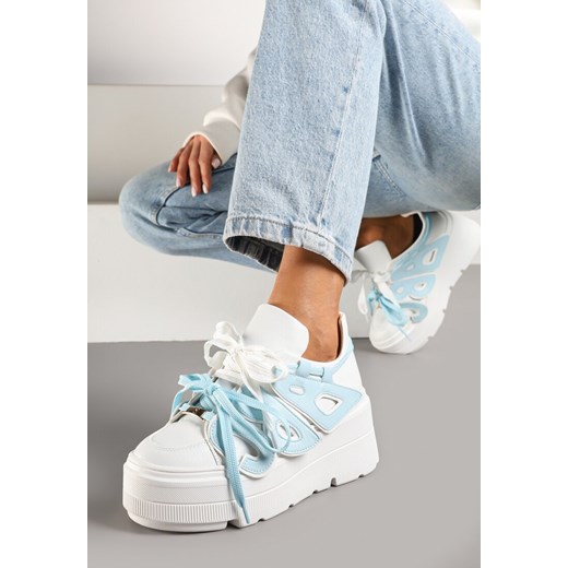Biało-Niebieskie Sneakersy Vices na Płaskiej Podeszwie z Geometryczną Aplikacją Nelenith ze sklepu renee.pl w kategorii Buty sportowe damskie - zdjęcie 177655430