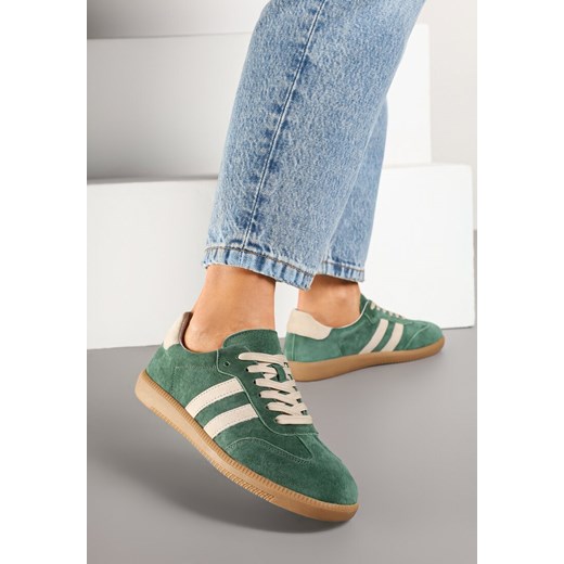 Zielone Sneakersy na Płaskiej Podeszwie ze Skórzaną Wkładką i Geometrycznym Wzorem Nelirria ze sklepu born2be.pl w kategorii Buty sportowe damskie - zdjęcie 177655933
