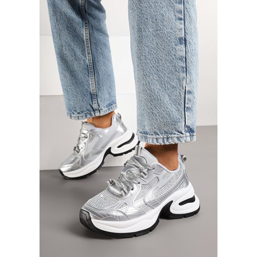 Srebrne Sneakersy Streetwearowe na Grubej Podeszwie Zdobione Brokatem Felanwea ze sklepu born2be.pl w kategorii Buty sportowe damskie - zdjęcie 177656053