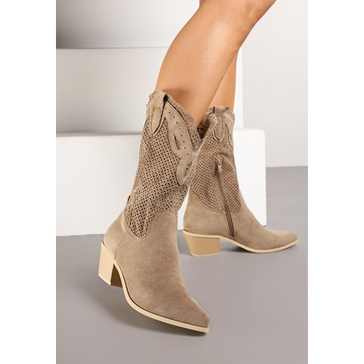 Ciemnobeżowe Ażurowe Botki na Obcasie w Stylu Kowbojek Felorwen 39 wyprzedaż born2be.pl
