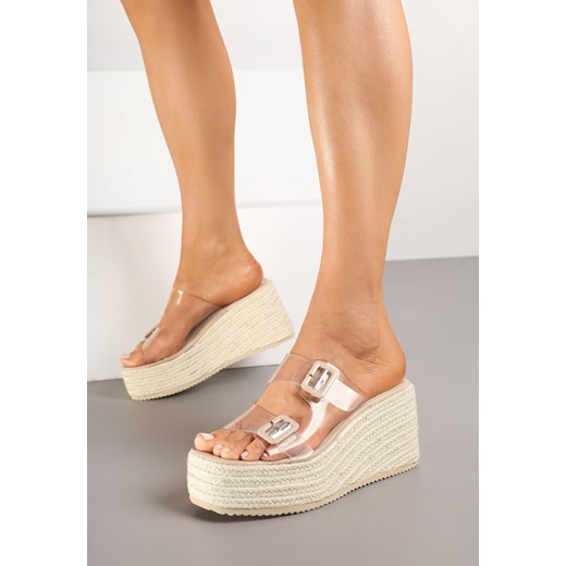 Beżowe Klapki na Koturnie w Stylu Boho z Transparentnymi Paskami Neodeora ze sklepu born2be.pl w kategorii Espadryle damskie - zdjęcie 177657250