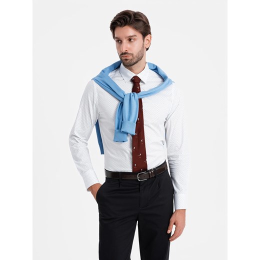 Bawełniana koszula męska w mikro wzór REGULAR FIT - biała V1 OM-SHCS-0152 ze sklepu ombre w kategorii Koszule męskie - zdjęcie 177658673