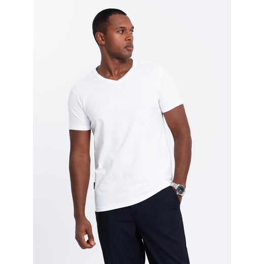 Zestaw męskich t-shirtów bawełnianych V-neck BASIC – czarny/biały/granatowy V1 S ombre