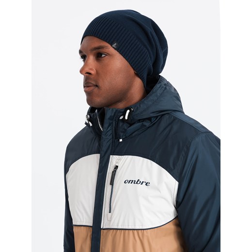 Męska czapka zimowa beanie z bawełnianej dzianiny – granatowa V4 OM-ACWH-0124 ze sklepu ombre w kategorii Czapki zimowe męskie - zdjęcie 177658732