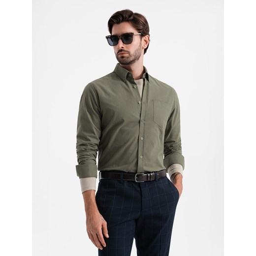 Bawełniana męska koszula REGULAR FIT z kieszenią - khaki V4 OM-SHOS-0153 ze sklepu ombre w kategorii Koszule męskie - zdjęcie 177658751