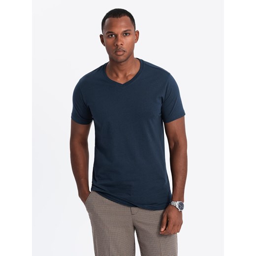 Zestaw męskich t-shirtów bawełnianych V-neck BASIC – czarny/biały/granatowy V1 L ombre