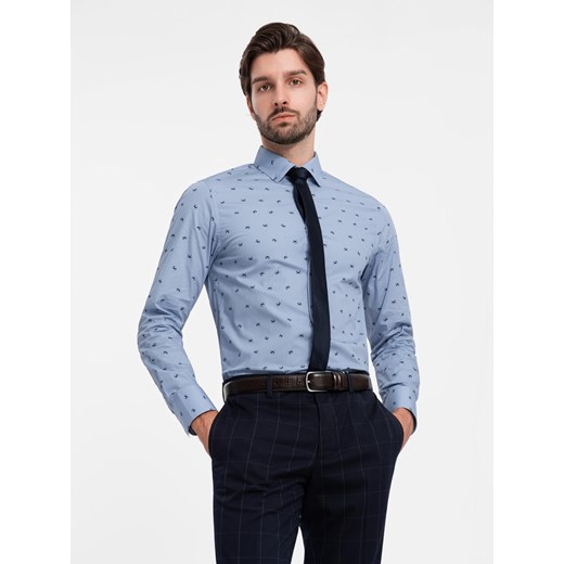 Klasyczna męska bawełniana koszula SLIM FIT w kraby - jasnoniebieska V6 OM-SHCS-0156 ze sklepu ombre w kategorii Koszule męskie - zdjęcie 177658770
