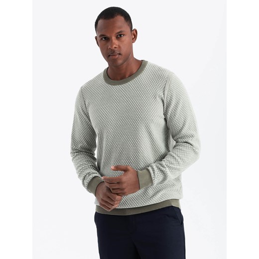 Dzianinowy męski sweter RELAXED FIT we wzory – oliwkowy V2 OM-SWSW-0111 ze sklepu ombre w kategorii Swetry męskie - zdjęcie 177658781