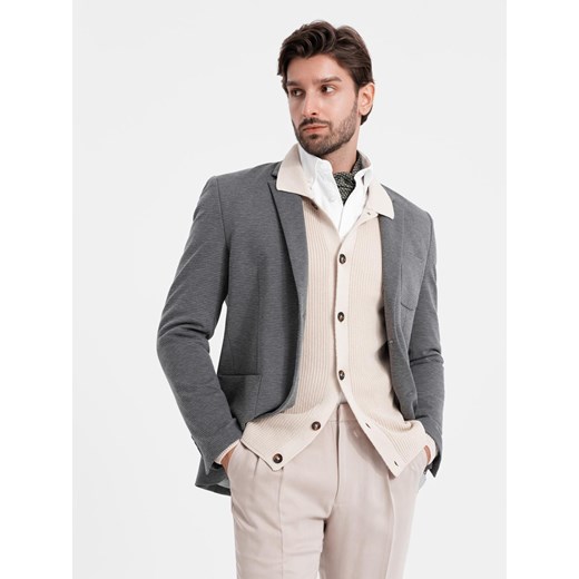 Elegancka dopasowana marynarka męska ze strukturalnej dzianiny – grafitowa V3 OM-BLZB-0129 ze sklepu ombre w kategorii Marynarki męskie - zdjęcie 177658930