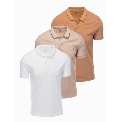 Komplet bawełnianych t-shirtów męskich polo BASIC – biały/cielisty/jasnobrązowy V6 OM-POBS-0133 ze sklepu ombre w kategorii T-shirty męskie - zdjęcie 177659003