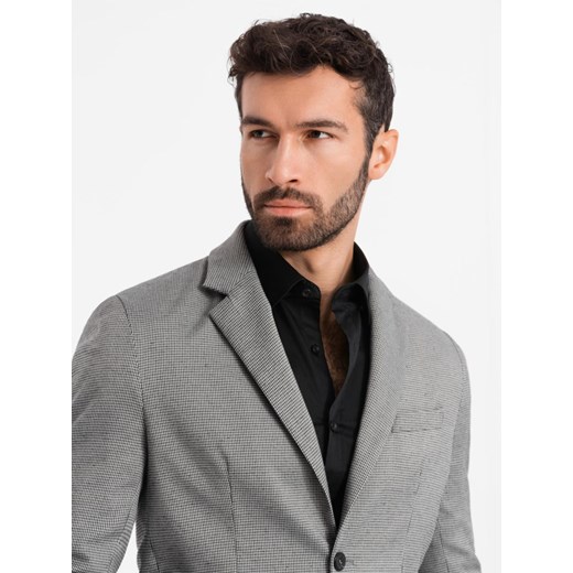 Marynarka męska casual w delikatną kratkę - szara V2 OM-BLZB-0116 ze sklepu ombre w kategorii Marynarki męskie - zdjęcie 177659010