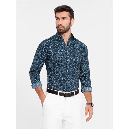 Męska koszula bawełniana we wzory SLIM FIT - ciemnoniebieska V1 OM-SHCS-0151 ze sklepu ombre w kategorii Koszule męskie - zdjęcie 177659051