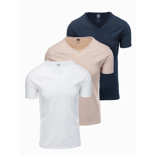 Zestaw bawełnianych męskich koszulek V-neck BASIC – biały/piaskowy/granatowy V12 L ombre